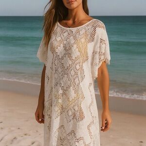 PLACE NATIONALE Antique French Cotton Crochet Lace Cover Up Midi Dress